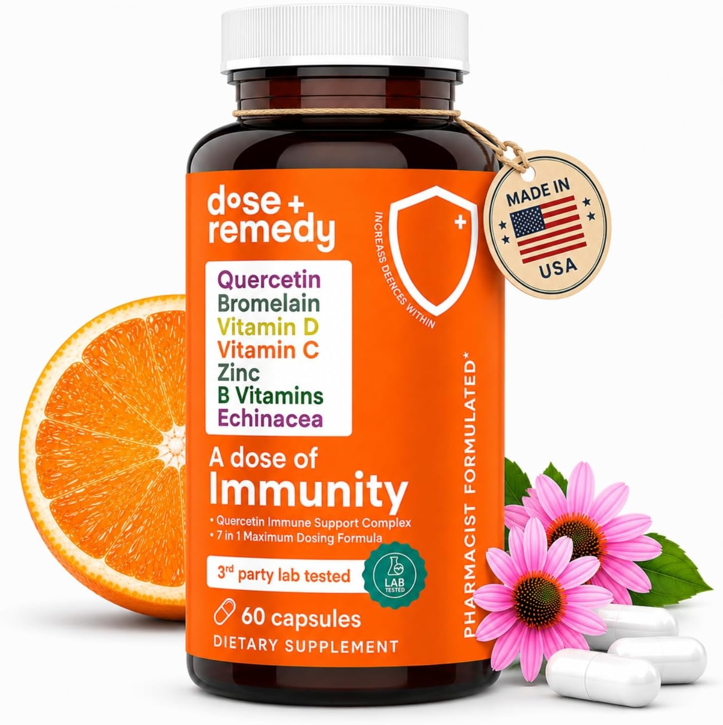A Dose of Immunity – 7 in 1 Quercetin 500mg Supplement with Bromelain, Zinc, Vitamin C, Vitamin D & Vitamin B Complex Echinacea Immune Support Booster Supplements – 60 Count
